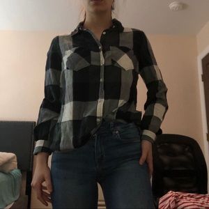 Green plaid button down top. Long sleeve